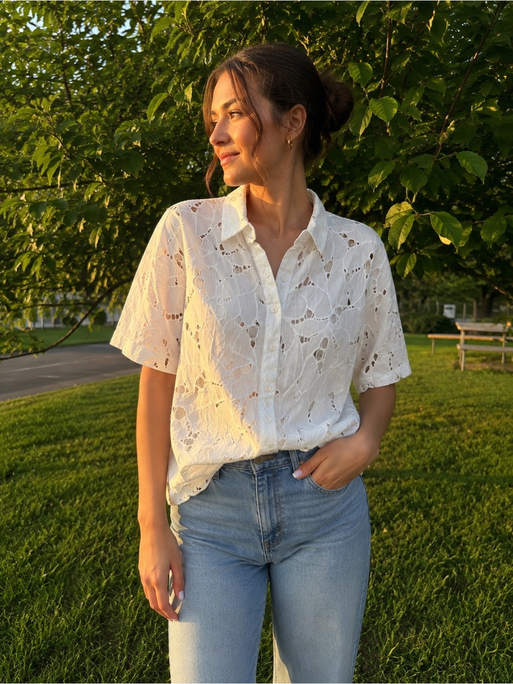 Women's White Eyelet Button-Down Shirt - Lightweight Summer Top